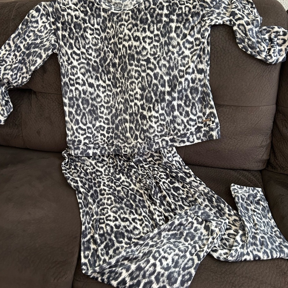 Nicole Miller Black, Gray and White Leopard Print Loungewear Set